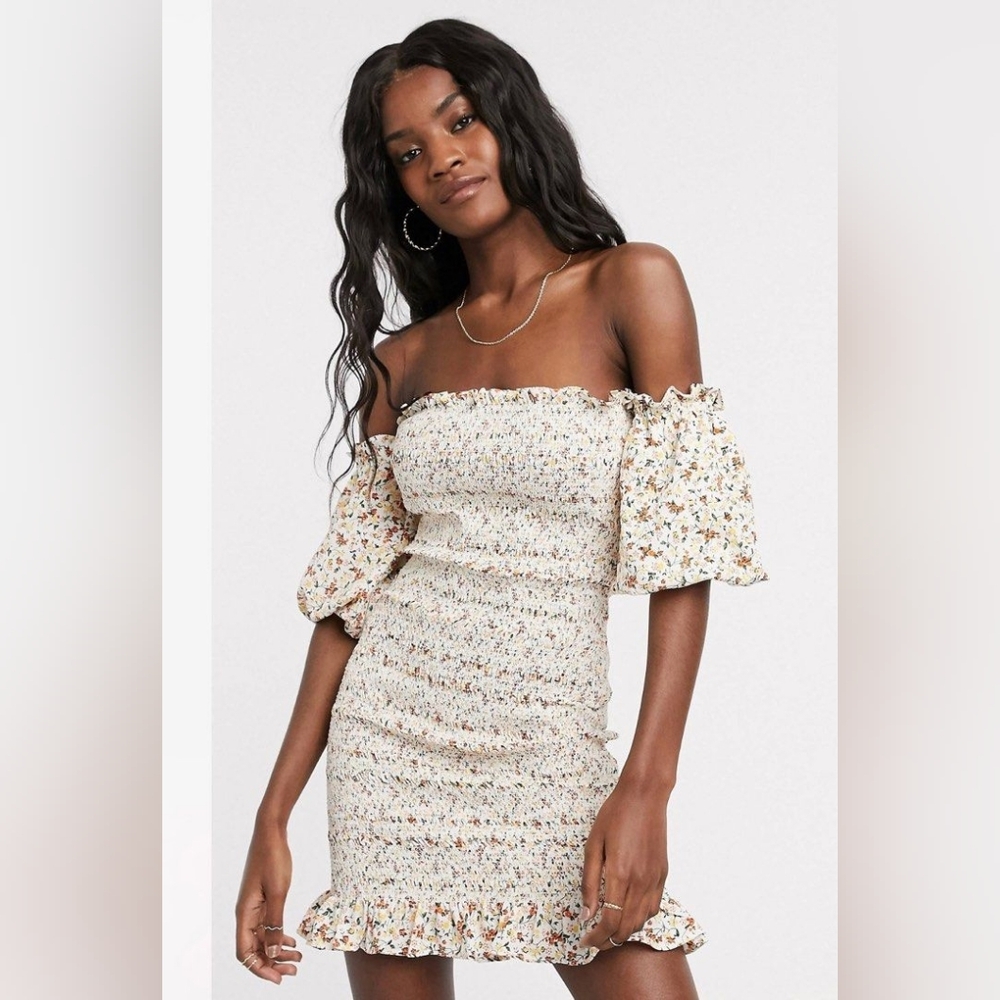 Zara Shirred Floral Mini Dress in Ivory Floral